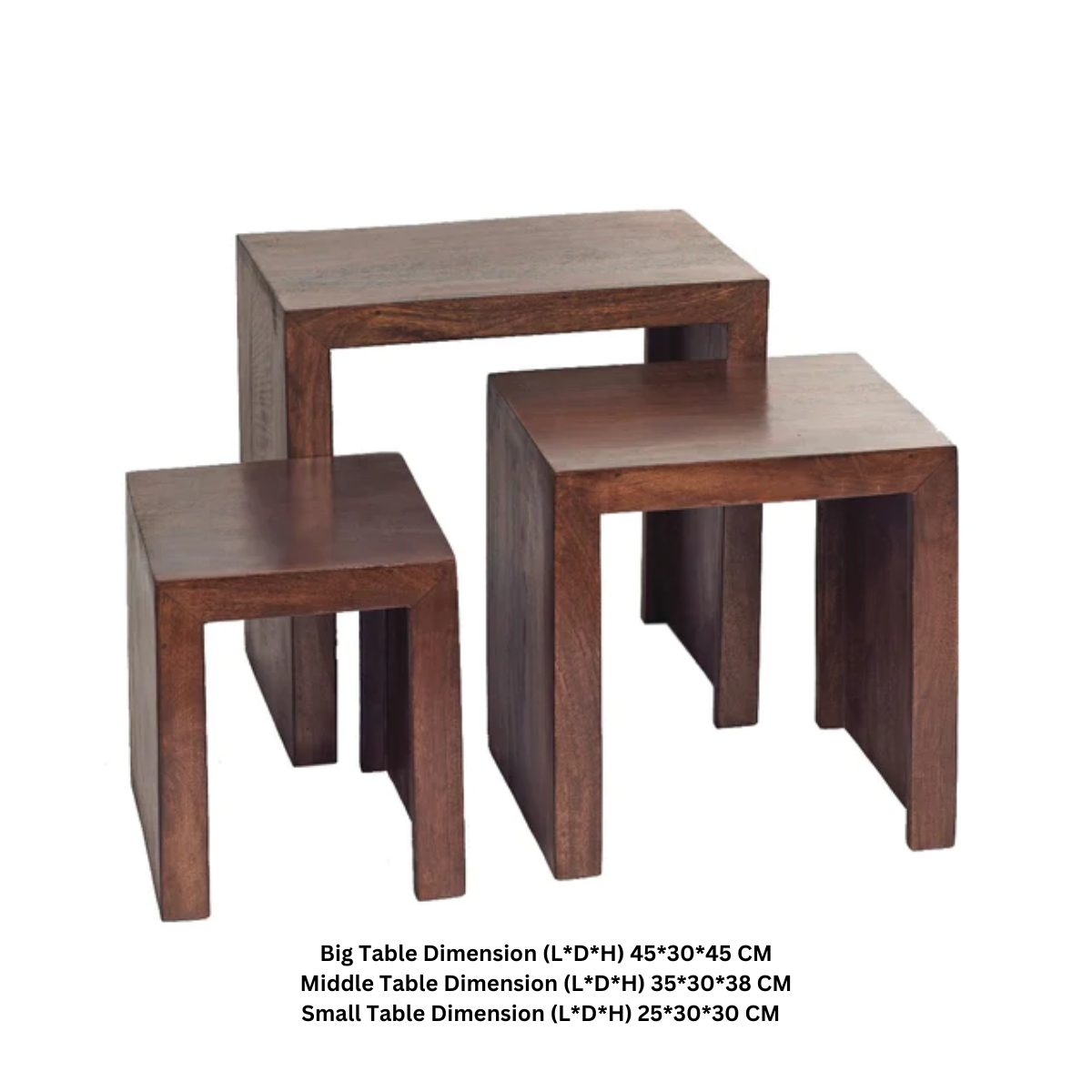 Set of three wooden nesting tables with dimensions displayed.