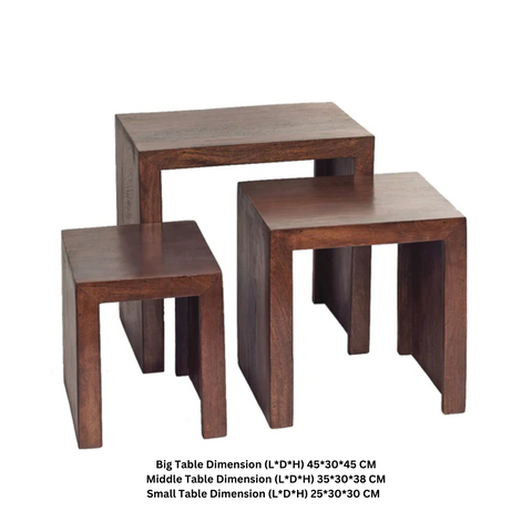 Set of three wooden nesting tables with dimensions displayed.