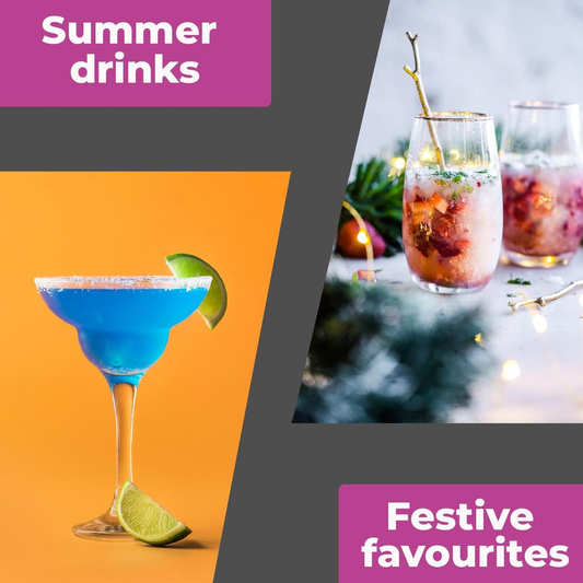 Two types of drinks: a blue cocktail with lime on an orange background labeled 'Summer drinks' and a festive drink with garnishes on a gray background labeled 'Festive favourites'.