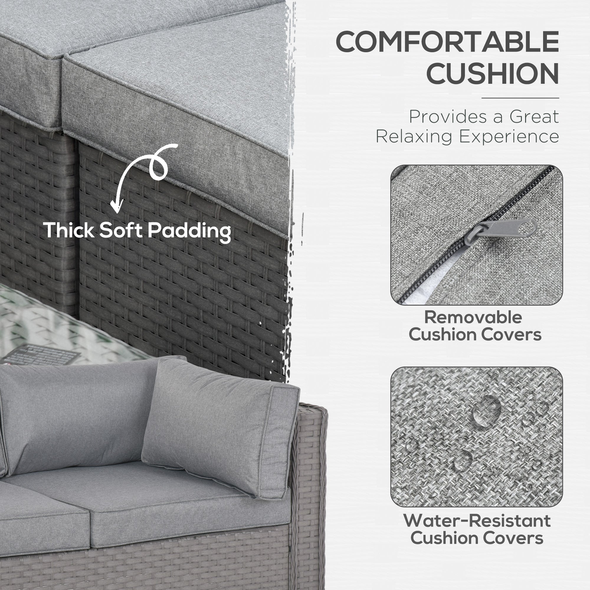 Gray outdoor sofa with cushions, highlighting comfortable cushion features.