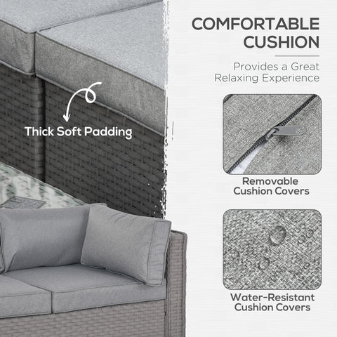 Gray outdoor sofa with cushions, highlighting comfortable cushion features.