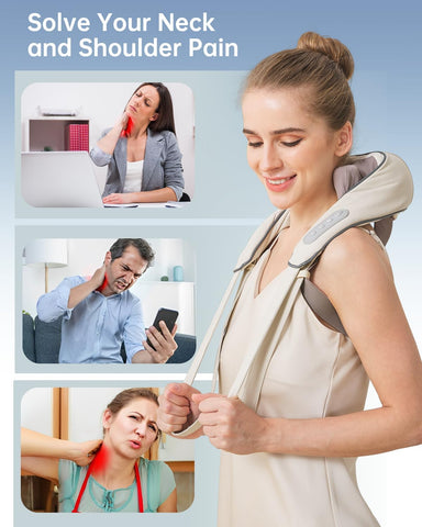 PERLEVI Neck and Shoulder Massager for Pain Relief Deep Tissue-Shiatsu Deep Kneading Massager with Heat to Relieve Neck Shoulder Back Waist Leg Muscle Soreness Fatigue (Beige)