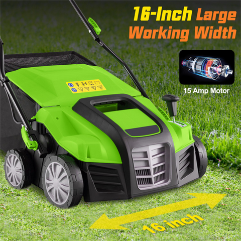 Corded Electric Lawn Dethatcher with 16-Inch Cutting Width, Wear-Resistant Wheels & Large Removable Grass Bag for Home Lawn - Green