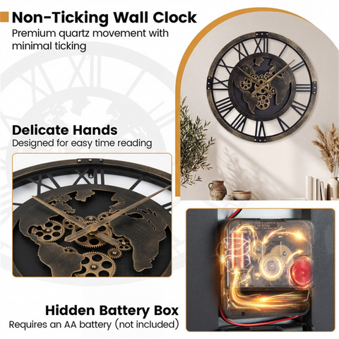 Brown Gear Wall Clock with World Map, 27" Large Non-Ticking Quartz Movement Decorative Home Clock
