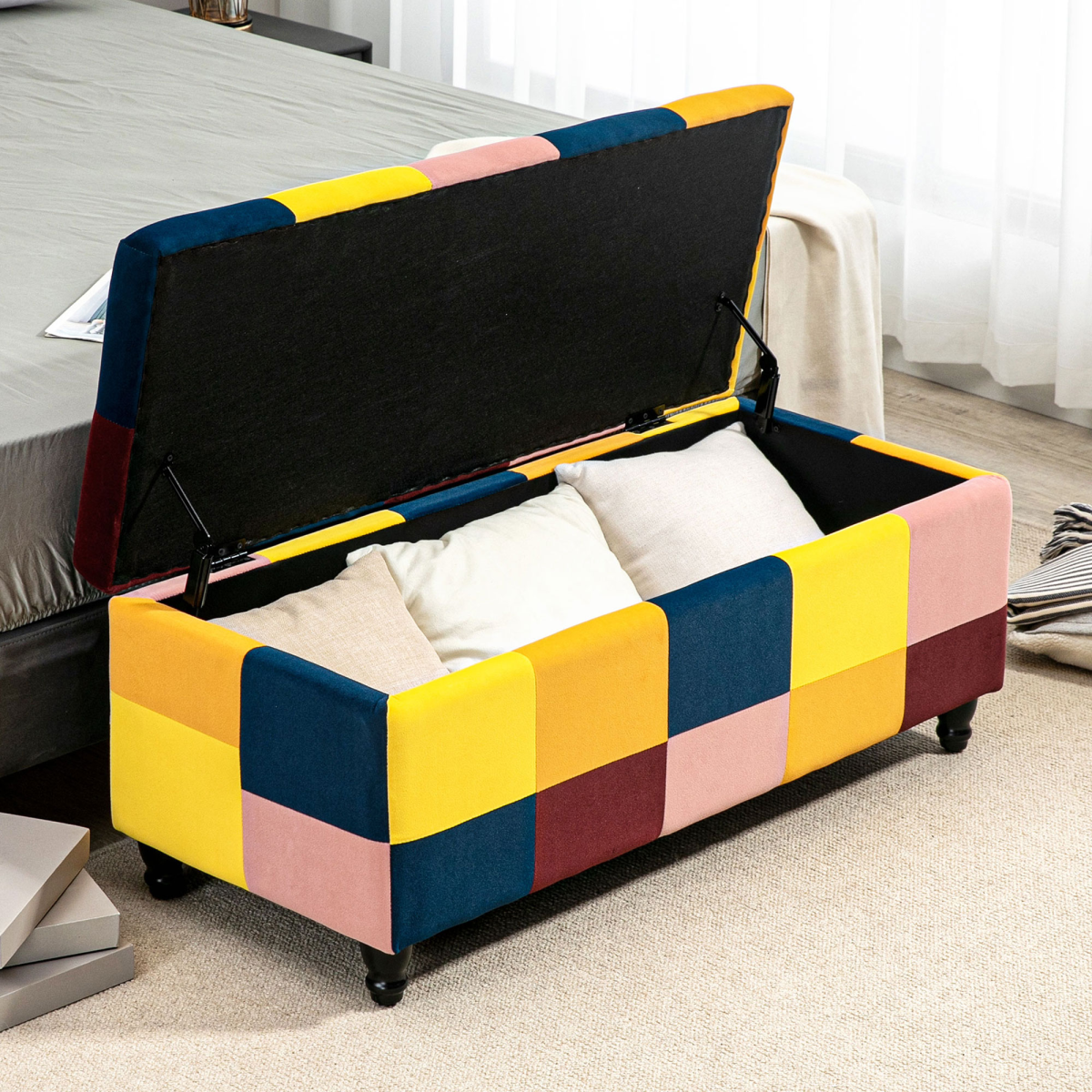 Colorful storage bench with open lid in a room setting