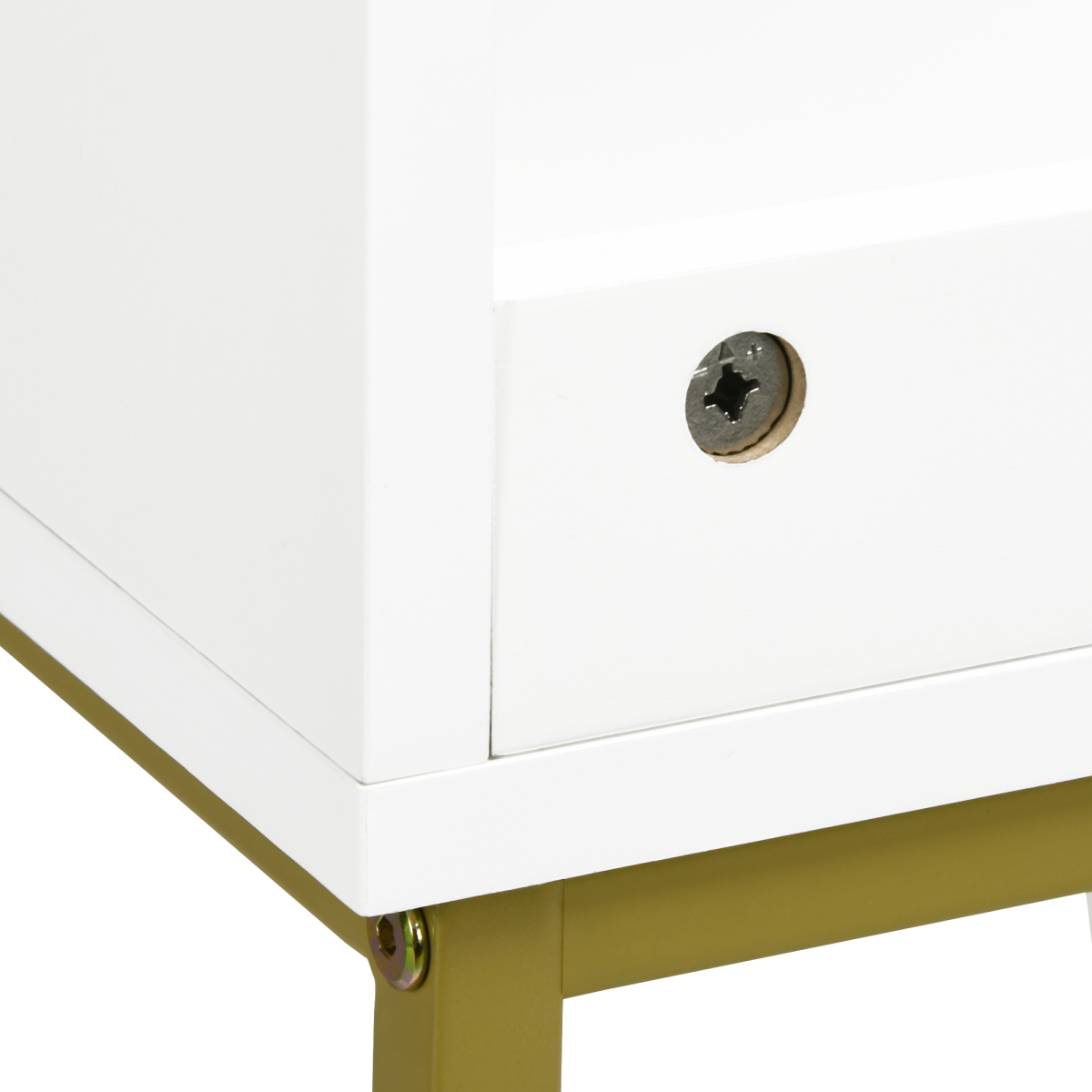 Close-up of a white cabinet with a gold leg and lock on a white background