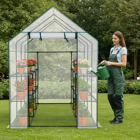 Mini Walk-in Greenhouse with PE Cover, 8-Shelf Indoor Outdoor Plant Gardening Green House for Garden Backyard, 56" x 56" x 77", White