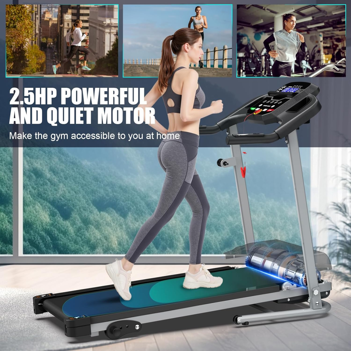 Woman using a treadmill with text highlighting its powerful motor and home accessibility.