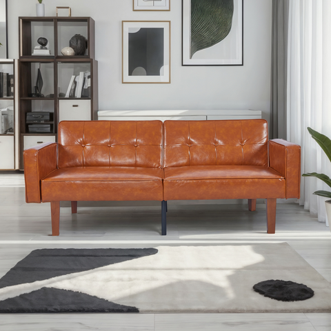 Modern PU Leather Futon Sofa with Tufted Backrest, Adjustable Reclining Couch with Wood & Metal Legs, Mid-Century Style Sofa for Living Room
