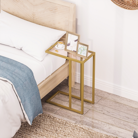 C-Shaped Side Table, End Table with Tempered Glass Tabletop, Gold