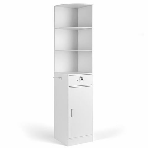 3-Tier Corner Salon Cabinet with 1 Door & 1 Drawer, 15mm E0 Grade Particleboard Matt White, 75.2" H Multipurpose Storage Cabinet for Beauty Salon Spa Bathroom Bedroom
