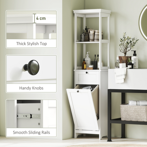 Slim Bathroom Storage Unit with Tilt-Out Laundry Cabinet Drawer White