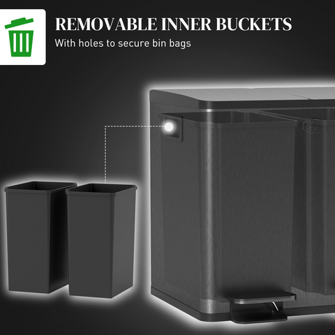 2 x 15L Dual Kitchen Bin Pedal Bin for Recycling and Waste, Black