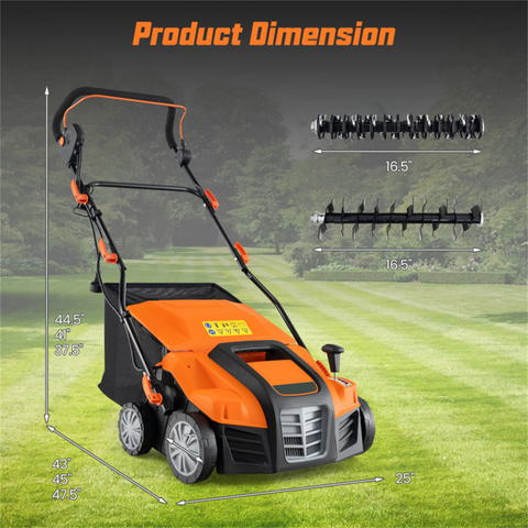 Corded Electric Lawn Dethatcher with 16-Inch Cutting Width, Wear-Resistant Wheels & Large Removable Grass Bag for Home Lawn - Orange