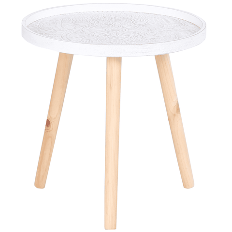 Pine Wood Floral Etched Side Table w/ Saucer Top White