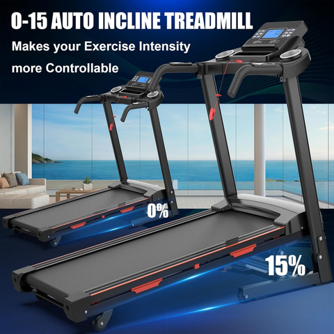 Treadmill with adjustable incline feature in a modern living room setting.