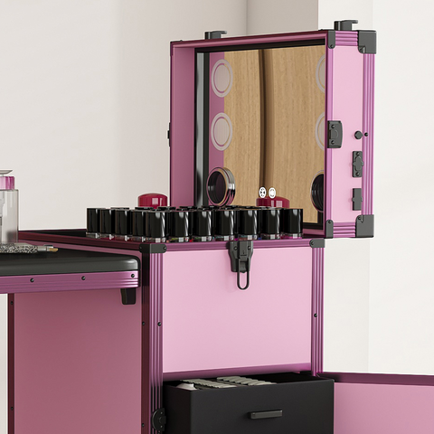 Portable Nail Art Table w/ LED Mirror, Bluetooth, Lockable Drawers, Telescopic Pole - Folding Manicure Station for Salons (Pink)