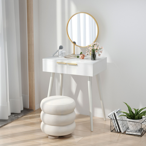 Modern Dressing Table w/ 2 Drawers Round Mirror for Bedroom White