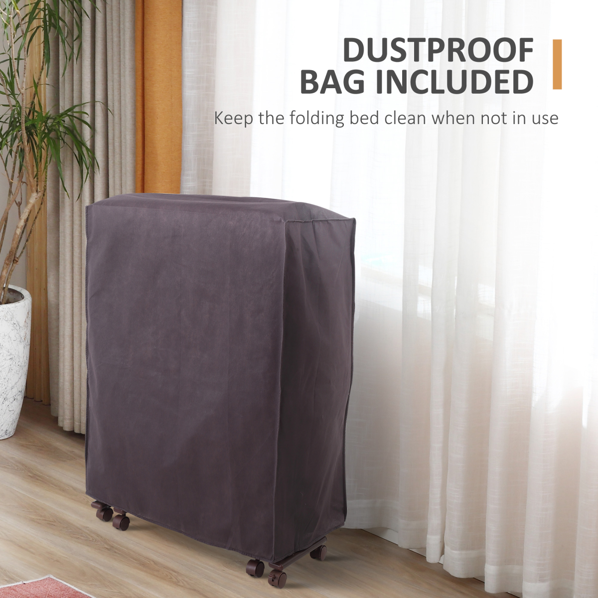 Folding bed with dustproof bag included on a wooden floor with curtains in the background
