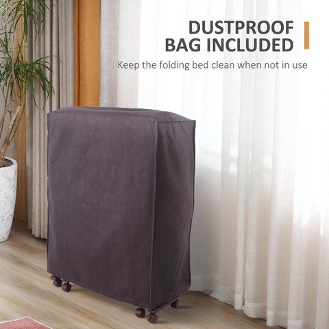 Folding bed with dustproof bag included on a wooden floor with curtains in the background