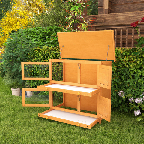 2-tier Rabbit Hutch Small Animal Wooden Bunnies House Outdoor Backyard 2 Sizes