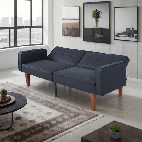 Modern PU Leather Futon Sofa with Tufted Backrest, Adjustable Reclining Couch with Wood & Metal Legs, Mid-Century Style Sofa for Living Room