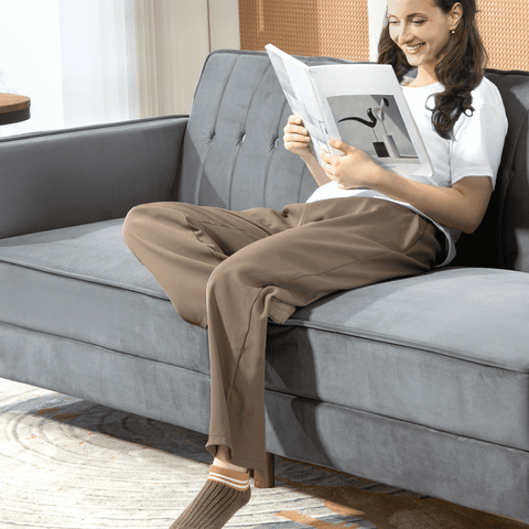 Convertible Sofa Futon Velvet-Touch Tufted Couch Sofa Bed Dark Grey