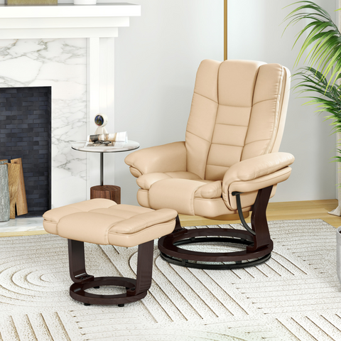 Swivel Manual Recliner and Footrest Set PU Leather Lounge Chair Beige