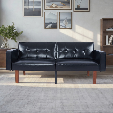 Modern PU Leather Futon Sofa with Tufted Backrest, Adjustable Reclining Couch with Wood & Metal Legs, Mid-Century Style Sofa for Living Room