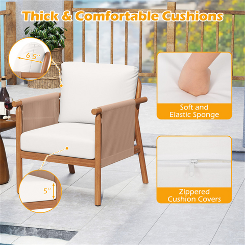 White Boho Patio Acacia Wood Chair with Woven Rope Armrests, Cushioned Outdoor Accent Chair for Porch Balcony