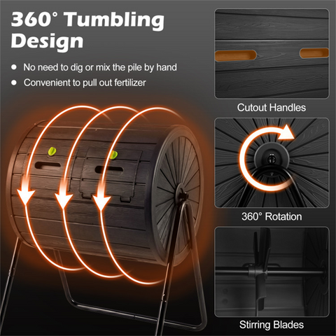 Dual Chamber Compost Tumbler 37.5Gal 360° Rotating Compost Bin with Stirring Blades for Garden-Black
