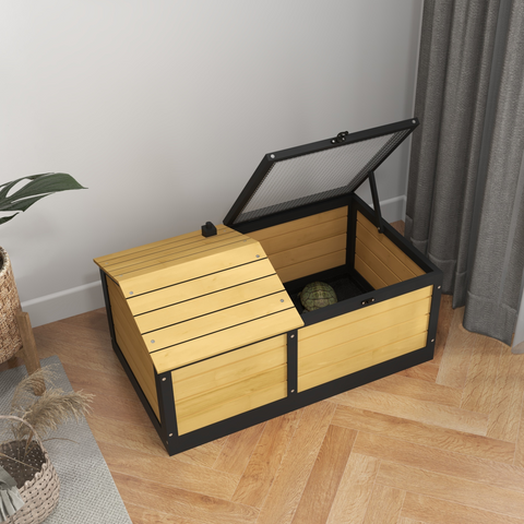 Wooden Tortoise House, Small Pet Reptile with Hide Shelter Den and Run
