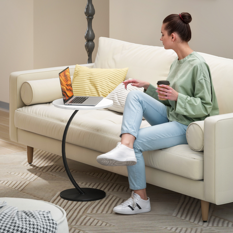 C Shaped Side Table, Round Bedside Table w/ Marble Effect Top, White