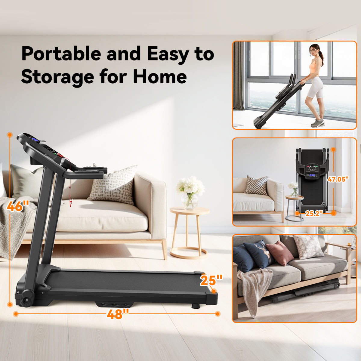 Portable treadmill with storage features shown in a living room setting