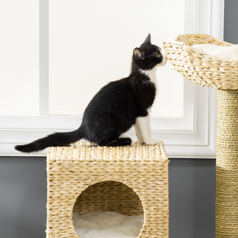 Cat Tree Kitten Tower Cattail Weave w/ Scratching Posts, Bed, House Pawhut