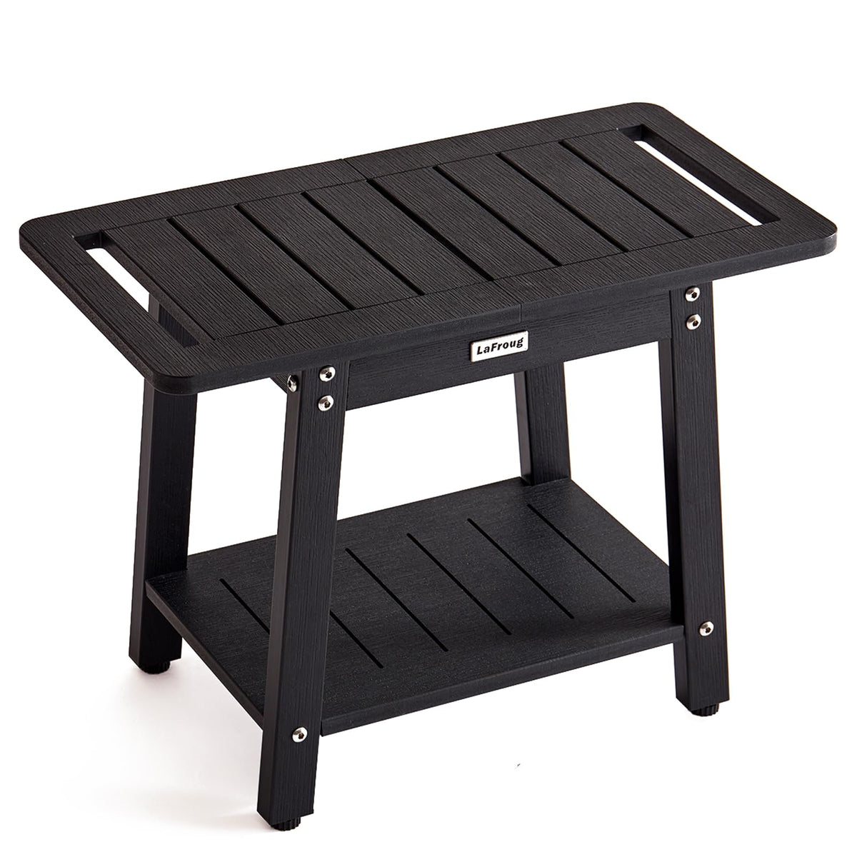 LaFroug Large Shower Stool for Inside Shower Poly Lumber Shower Bench Seat to Sit On HDPS Bath Shower Chair Seat with Shelf Shower Foot Rest for Shaving Legs No Maintenance Water-Resistant Black