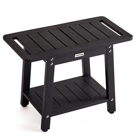 LaFroug Large Shower Stool for Inside Shower Poly Lumber Shower Bench Seat to Sit On HDPS Bath Shower Chair Seat with Shelf Shower Foot Rest for Shaving Legs No Maintenance Water-Resistant Black