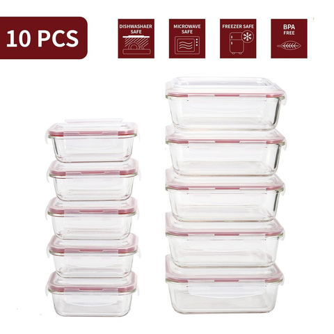 Glass Food Storage 10-Pack Containers Rectangle Food Meal Prep Lunch Boxes with Lids Airtight Heat Resistant Leakproof Lid BPA-Free Dishwasher Microwave Oven Freezer Safe