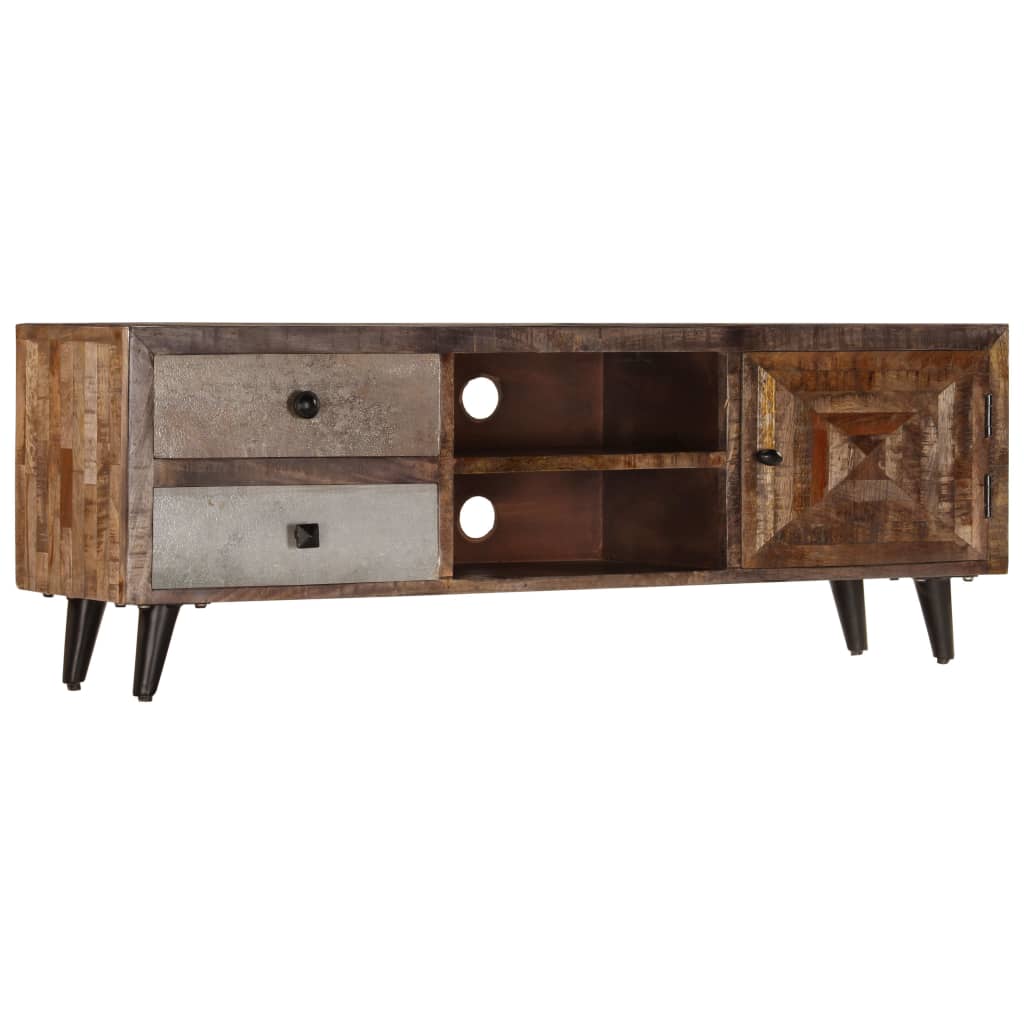 Wooden TV stand with drawers and open shelves on a white background