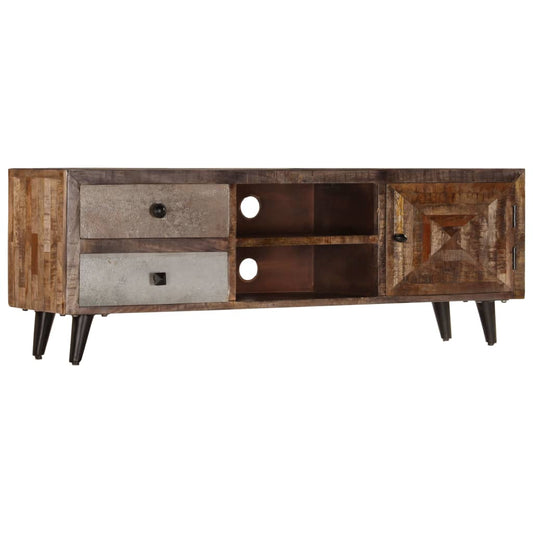 Wooden TV stand with drawers and open shelves on a white background