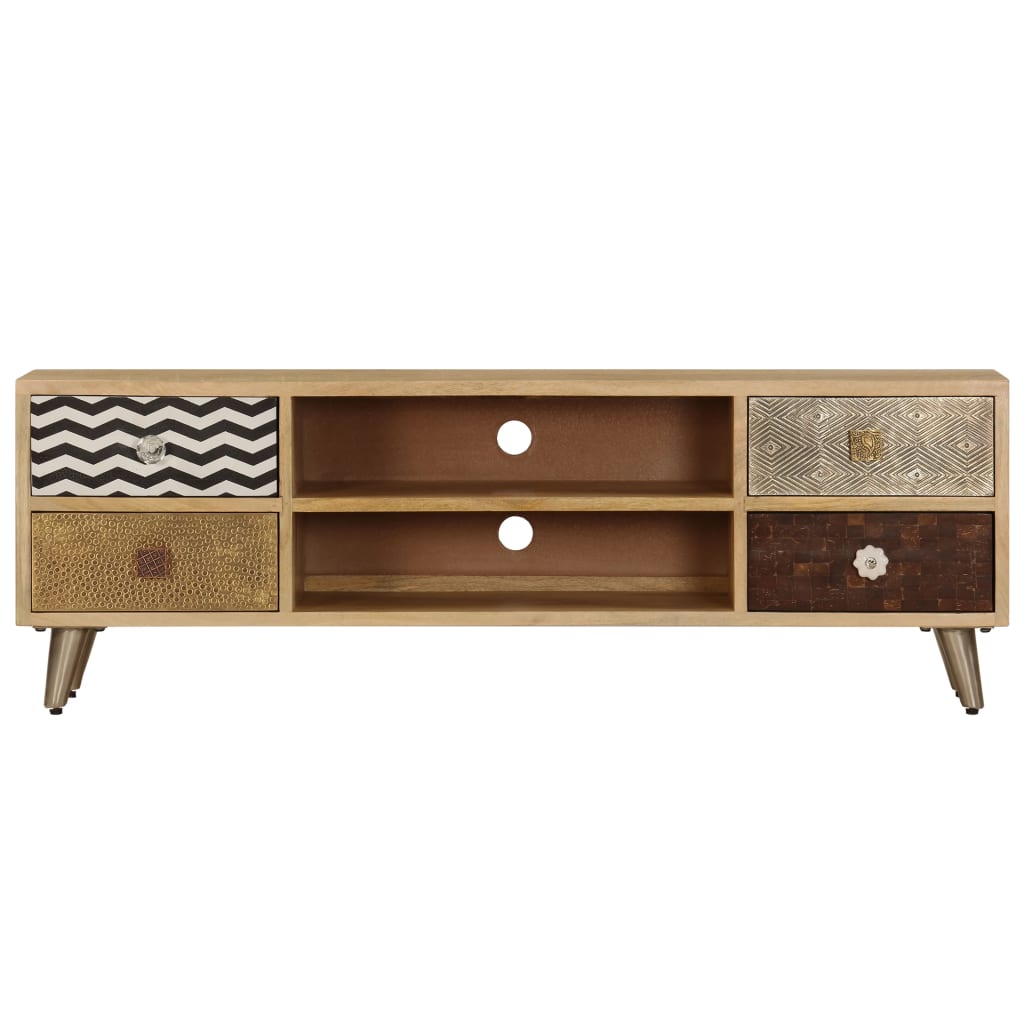 Wooden TV stand with multiple drawers and decorative patterns on a white background