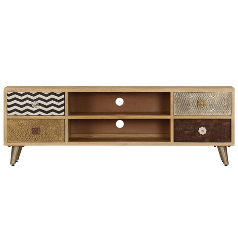 Wooden TV stand with multiple drawers and decorative patterns on a white background