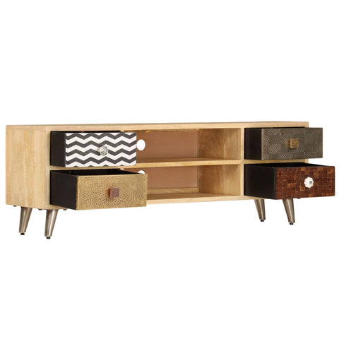 Wooden TV stand with storage drawers and shelves on a white background