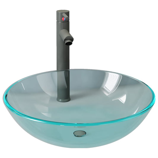 Bathroom Sink with Tap and Push Drain Clear Tempered Glass