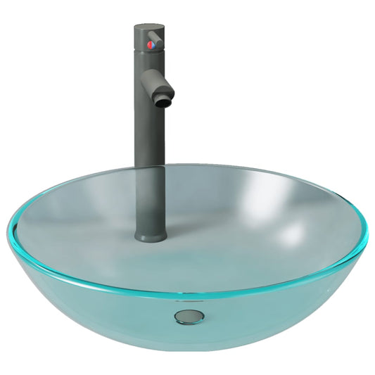 Bathroom Sink with Tap and Push Drain Frosted Tempered Glass