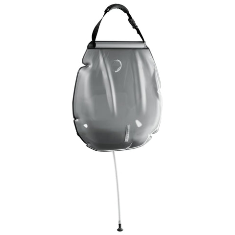 Clear plastic bag with a black handle on a white background