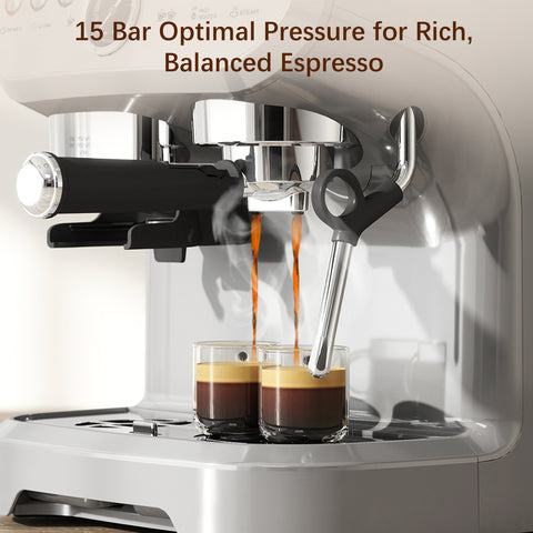 Espresso Machine, Bean Grinder & Steam Wand, 15 Bar Pressure, Silver.