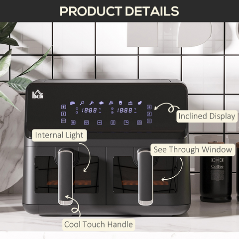 Dual Air Fryer 8L Family Size w/ 2 Basket 8 Presets Cookbook Timer 2500W