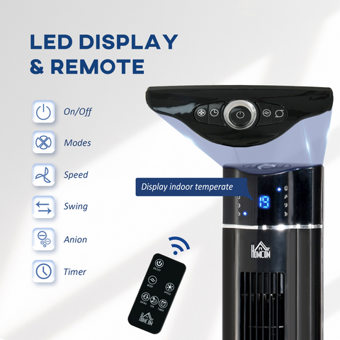 Tower Fan Cooling 3 Speed, 8h Timer, Oscillating, LED Panel, Black w/ RC