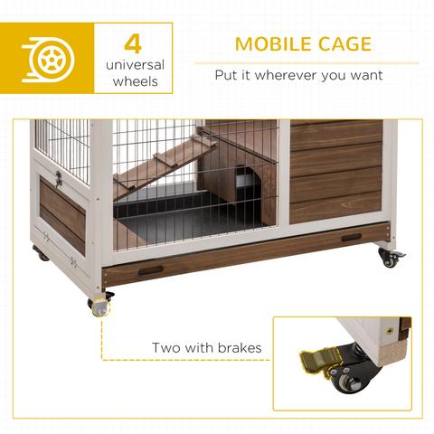PawHut Wood Indoor Rabbit Hutch Elevated 2-Floor Guineas Pigs Cage w/ Wheels and with openable Roof